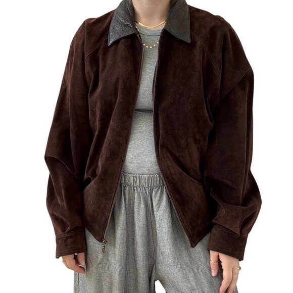 Vintage Cypress Grove Unisex Brown Suede Leather Oversized Bomber Jacket Sz L - Picture 2 of 10
